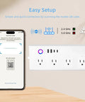 Image showing Slick Smart Power Strip With Four Independently Controlled AC Outlets For A Clean Home Office Setup And Total No Sweat Pairing With Apple Home Alexa And Google Assistant, with smartphone scanning QR code.