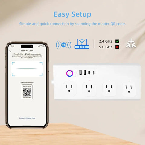 Image showing Slick Smart Power Strip With Four Independently Controlled AC Outlets For A Clean Home Office Setup And Total No Sweat Pairing With Apple Home Alexa And Google Assistant, with smartphone scanning QR code.