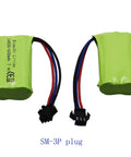 Two 7.4V 2S 600mAh RC Battery With SM-3P Plug And Cable, green LiPo packs, for amphibious RC trucks, USB C60 compatible, front view.