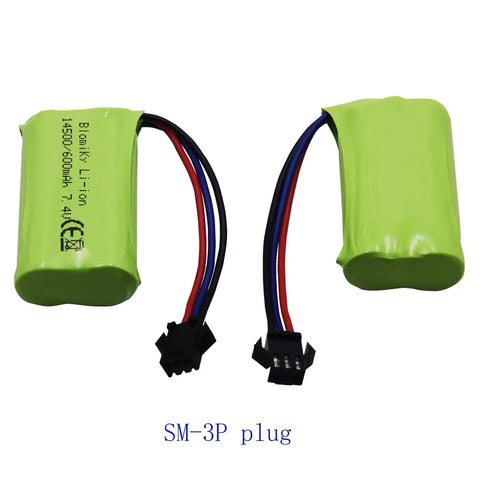 Two 7.4V 2S 600mAh RC Battery With SM-3P Plug And Cable, green LiPo packs, for amphibious RC trucks, USB C60 compatible, front view.