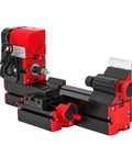Super Cool Mini Metal Lathe Machine 12V 36W With Gong Bed For Tinkering, Woodworking, And Modelmaking. High Speed 20K Rpm Bench Tool with red and black design.