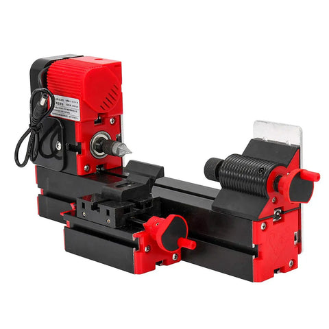 Super Cool Mini Metal Lathe Machine 12V 36W With Gong Bed For Tinkering, Woodworking, And Modelmaking. High Speed 20K Rpm Bench Tool with red and black design.
