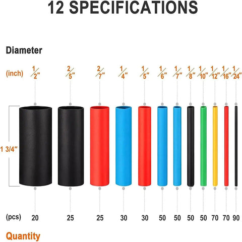 600-Piece Heat Shrink Tubing Kit With 12 Sizes And 5 Color Assortment for Wiring and Electronics, diameters shown as sizes