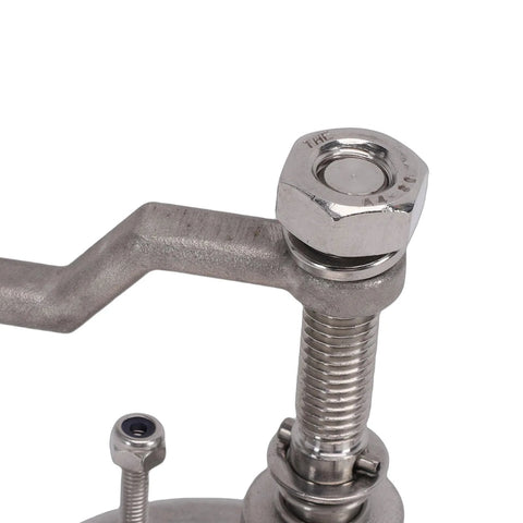 Close-up view of marine stainless steel boat hatch latch with threaded stud, adjustable arm, and mounting nut