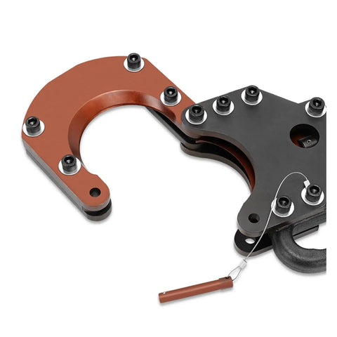 Close-up of heavy duty hydraulic tool head with heat treated blade, designed for tight spaces, suitable for electricians.
