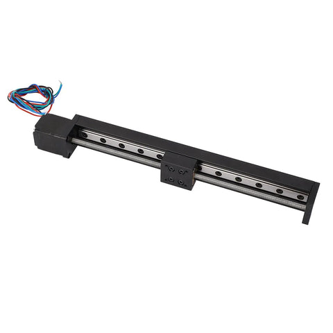Heavy Duty Linear Stage Actuator With 200mm Stroke And T6x1 Lead Screw Stepper Motor Driven Rail Guide, aluminum construction.