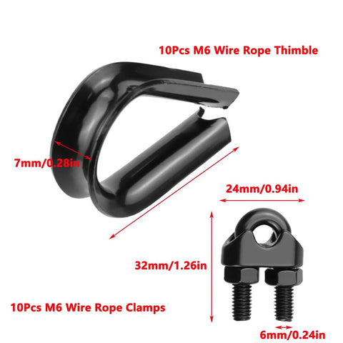Quarter Inch Wire Rope Clamp Clip And Quarter Inch Stainless Steel Thimble Set With Black Finish, side view showing dimensions