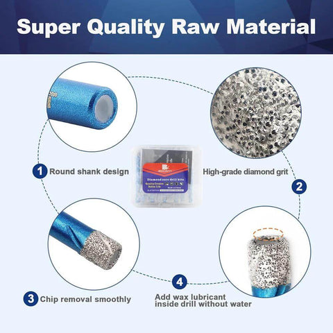 Front view of 10-piece diamond hole saw drill bit set, 1/4 inch (6 mm) round shank, blue-coated bits in plastic case