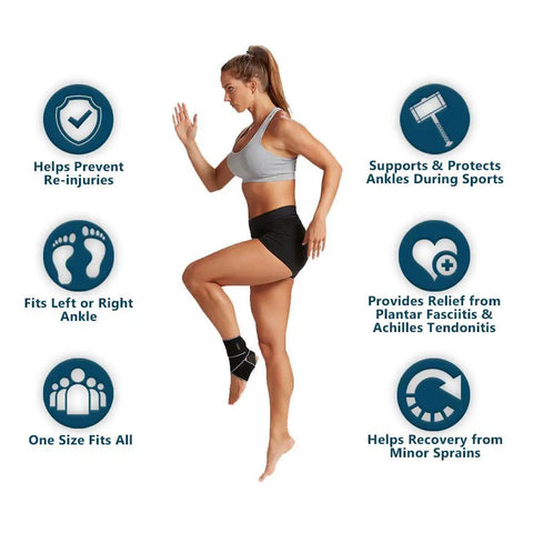 Woman wearing ankle brace demonstrating Ankle Brace For Men And Women Adjustable Compression Wrap For Plantar Fasciitis Tendinitis Sprains