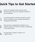 Instructions for setting up Bosch espresso machine with tips for use and support contact information.