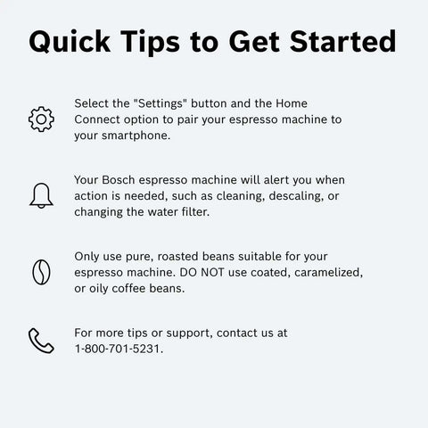 Instructions for setting up Bosch espresso machine with tips for use and support contact information.