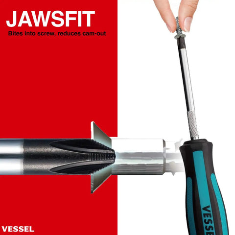 Megadora Impacta Screwdriver Set, 8 Piece Precision Kit with EVA Foam Tray, showing Jawsfit tip engaging screw