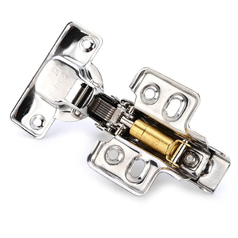Close-up of a Hydraulic Soft Close Cabinet Door Hinge, stainless steel with quiet dampers, from a 4 piece set, rust resistant hardware.