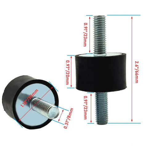 Rock Solid 4 Pack M8 Double Stud Rubber Isolator Mounts Measuring 30X20mm With Zinc Coated Steel And Hex Locknuts showing dimensions.