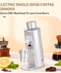 Hitting The Sweet Spot With Next Level Electric Single Dose Coffee Grinder 83Mm Steel Conical Burrs Stepless Adjustment And Zero Static Control For Barista Grade Espresso Filter Brews Black, silver electric grinder on counter.