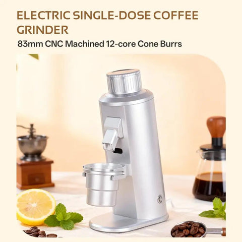 Hitting The Sweet Spot With Next Level Electric Single Dose Coffee Grinder 83Mm Steel Conical Burrs Stepless Adjustment And Zero Static Control For Barista Grade Espresso Filter Brews Black, silver electric grinder on counter.