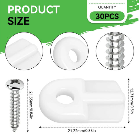 Slick Flush Mount Window Screen Clips With Flat Head Screws No Sweat Replacement Hardware For Storm Doors Super Tough White L5766 Design, 30 pcs set.