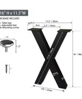 X Shape 16 Inch Iron Bench Legs Set Of 2 For DIY Coffee Table Black Powder Coat with screws, adjustable feet, and dimensions shown.
