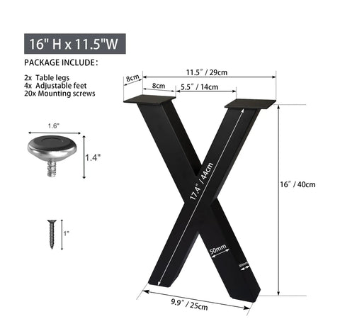 X Shape 16 Inch Iron Bench Legs Set Of 2 For DIY Coffee Table Black Powder Coat with screws, adjustable feet, and dimensions shown.