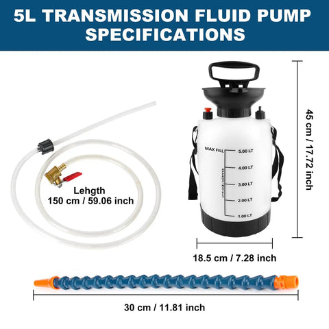 5L Transmission Fluid Pump For ATF And Gear Oil Transfer Smooth Sailing Pro Mechanic Essential For Trucks Suv Differential and Engine Service Repairs with hose and details.