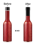 Before and after image of bottle with Shrink Bands 50x60mm Black Pack Of 200 Tamper Evident Seal For Hot Sauce And Other Liquids.