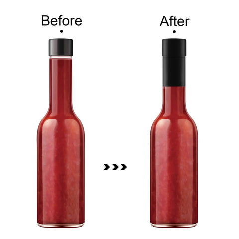 Before and after image of bottle with Shrink Bands 50x60mm Black Pack Of 200 Tamper Evident Seal For Hot Sauce And Other Liquids.