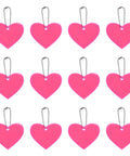 Go-To Pink Heart Shaped Reflector Keychain Set, 12 Pack Reflective Safety Tags with chain, PVC, shown flat with ball chains.