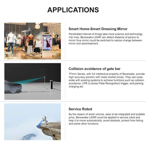Applications of TFmini Plus LiDAR Sensor for smart home mirrors, gate bar collision avoidance, and service robots