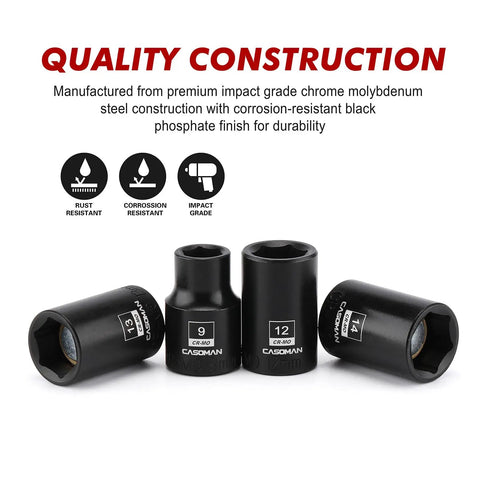3/8 Inch Drive Magnetic Socket Set Shallow 6-Point Metric 7mm To 19mm, CR-MO Steel with black phosphate finish shown