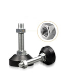 Rock Solid Adjustable Leveling Feet With Swivel Base And Smooth Glide Pads Heavy Duty Stainless Steel Articulating Screw Legs M8 Thru M24 for machinery close-up view of feet with nut and threaded rod.