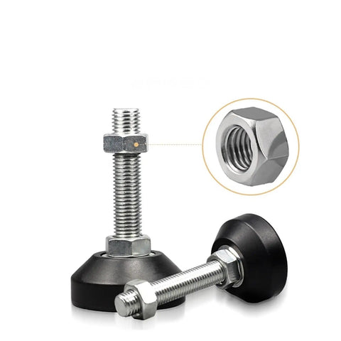 Rock Solid Adjustable Leveling Feet With Swivel Base And Smooth Glide Pads Heavy Duty Stainless Steel Articulating Screw Legs M8 Thru M24 for machinery close-up view of feet with nut and threaded rod.