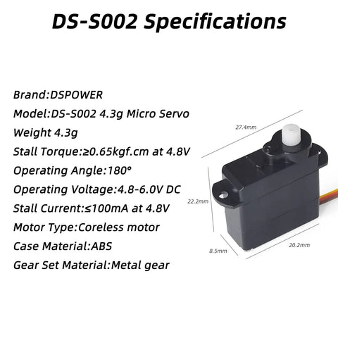 DSPOWER DS-S002 4.3g Micro Servo with specifications, compatible with Radiolink A560 RC Plane Rudder and Elevator Replacement