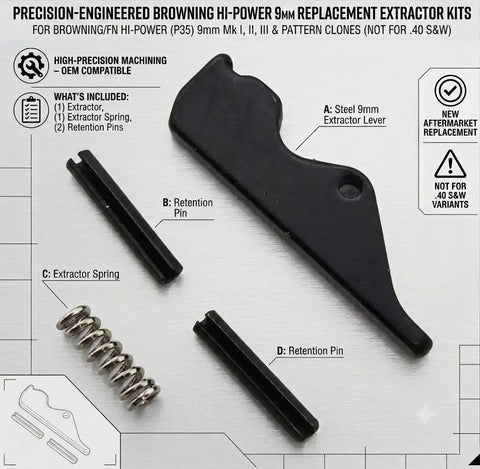 Hi Power 9mm Replacement Parts Kit 4 Piece Set With Extractor, Spring, And Two Pins For Maintenance Or Parts Replacement OEM Style