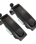 Two black compression latch locks with raised trigger; hand-operated, keyless design