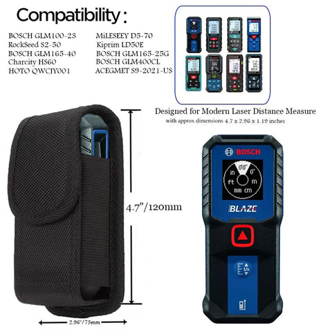 Laser Measure Case Holster With Belt Loop And Magnetic Closure For Bosch GLM100-23 GLM165-40 GLM165-25G MiLESEEY D5-70m DTAPE DT50 Huepar BLM-100G And Other Distance Meters, Durable Pouch With Metal Clip For Safe, Quick Access On The Job Site, black nylon, 4.7 x 2.96 x 1.19 in
