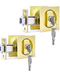 Two Pack Pocket Door Lock With Key For Sliding Barn Doors Recessed Two Sided Latch With Flush Handles Universal Left Or Right Handed Design Two And Three Eighths Inch Backset Flush Mounted Hardware For Interior Doors in satin brass finish