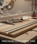 T-Track Slider Stop Block For Woodworking Jigs And Saw Accessories on table near miter saw, showing smooth glide feature
