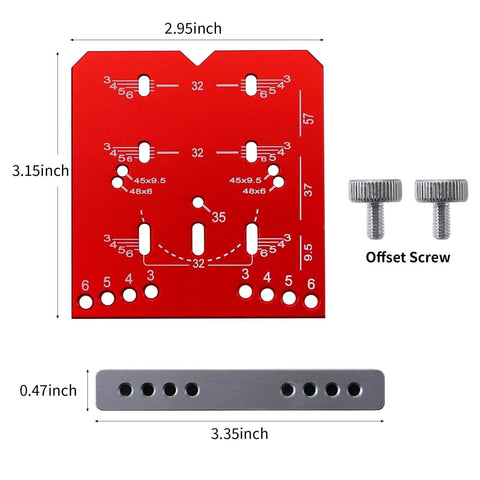 Universal Cabinet Hinge Jig With 35mm Drilling Guide And Adjustable Distance For Concealed Hinges Fits 45mm And 48mm. Measuring tools shown.