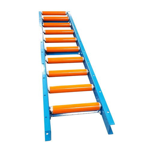 12 Inch Wide By 5 Feet Long Light Duty Gravity Conveyor Steel Frame Galvanized Rollers Polyurethane Coated For Shipping Assembly 6 Inch Center Spacing Supports Up To 900 Lbs Loads Heavy Gearing Ready with orange rollers