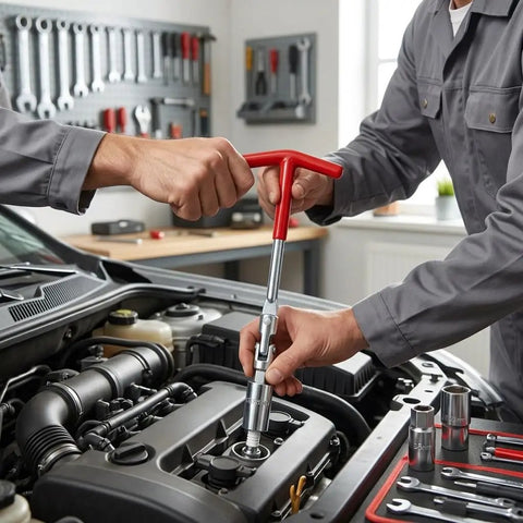 Two mechanics using T-Handle Spark Plug Socket Wrench With Swivel Head And Extended 16Mm 21Mm Sockets 3 Piece Set for engine repairs.