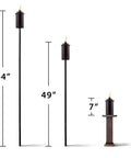 Two Pack 65 Inch Metal Black And Orange Outdoor Torches With Easy Install Lever, shown in full, mid, and tabletop sizes.