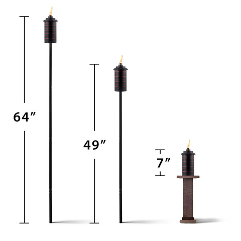 Two Pack 65 Inch Metal Black And Orange Outdoor Torches With Easy Install Lever, shown in full, mid, and tabletop sizes.