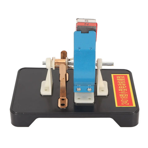 Close-up of Super Chill DIY DC Electric Motor Model Kit showing copper wires and blue frame on black base.