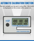 Portable Solar Tint Meter for Car Folks and Filmed Glass UV IR Transmittance Reader displaying calibration