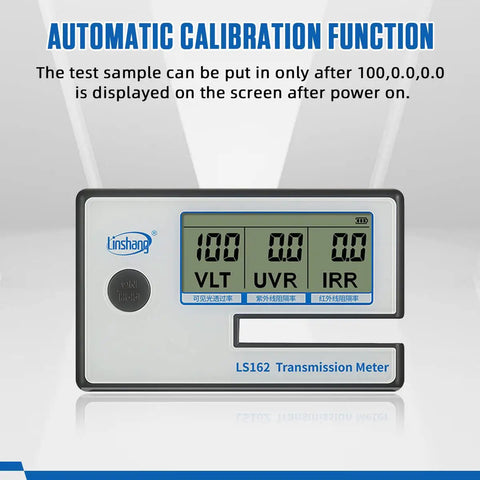 Portable Solar Tint Meter for Car Folks and Filmed Glass UV IR Transmittance Reader displaying calibration