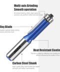Close-up of Flush Trim Router Bit Set With Half Inch Shank showing tungsten carbide blade and heat resistant coating