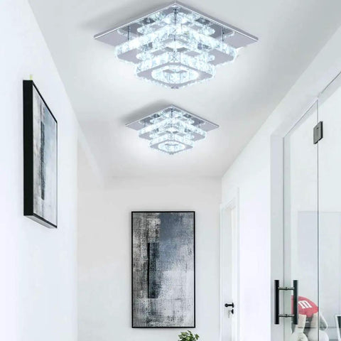Hallway with two 9.8 Inch Square Crystal Flush Mount LED Ceiling Lights With K9 Crystal Mirror Base, Cool White 6500K