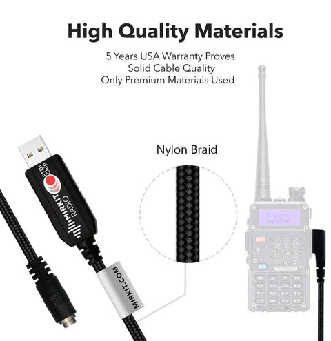 Universal 6 In 1 USB Ham Radio Programming Cable With 59 Inch Extended Length showing nylon braid and radio compatibility.