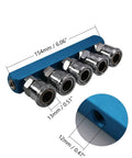 Five Way Half Inch Air Manifold Block Splitter for Pneumatic Systems Inline Hose Fittings Iron Construction Multi Outlet Distributor for Air Compressors and Easy Pipeline Control with size measurements.