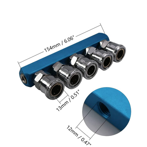 Five Way Half Inch Air Manifold Block Splitter for Pneumatic Systems Inline Hose Fittings Iron Construction Multi Outlet Distributor for Air Compressors and Easy Pipeline Control with size measurements.
